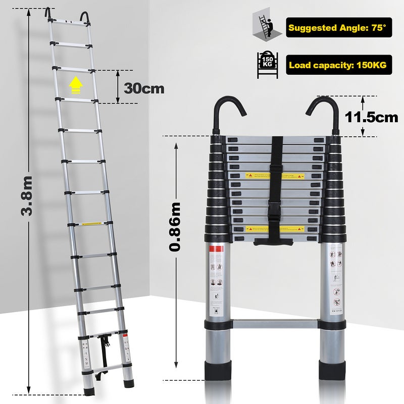 Échelle télescopique extensible antidérapante en aluminium argenté de 3,8 m. - 2