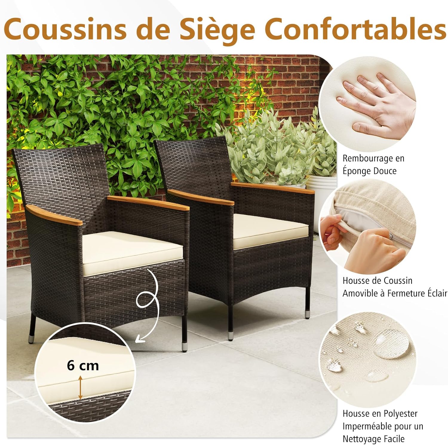 Salon de Jardin en Rotin 9 Pièces pour 8 Personnes Plateau de Table en Acacia, Ensemble de Salle à Manger , Chaise Charge 180KG, Marron+Beige - 6