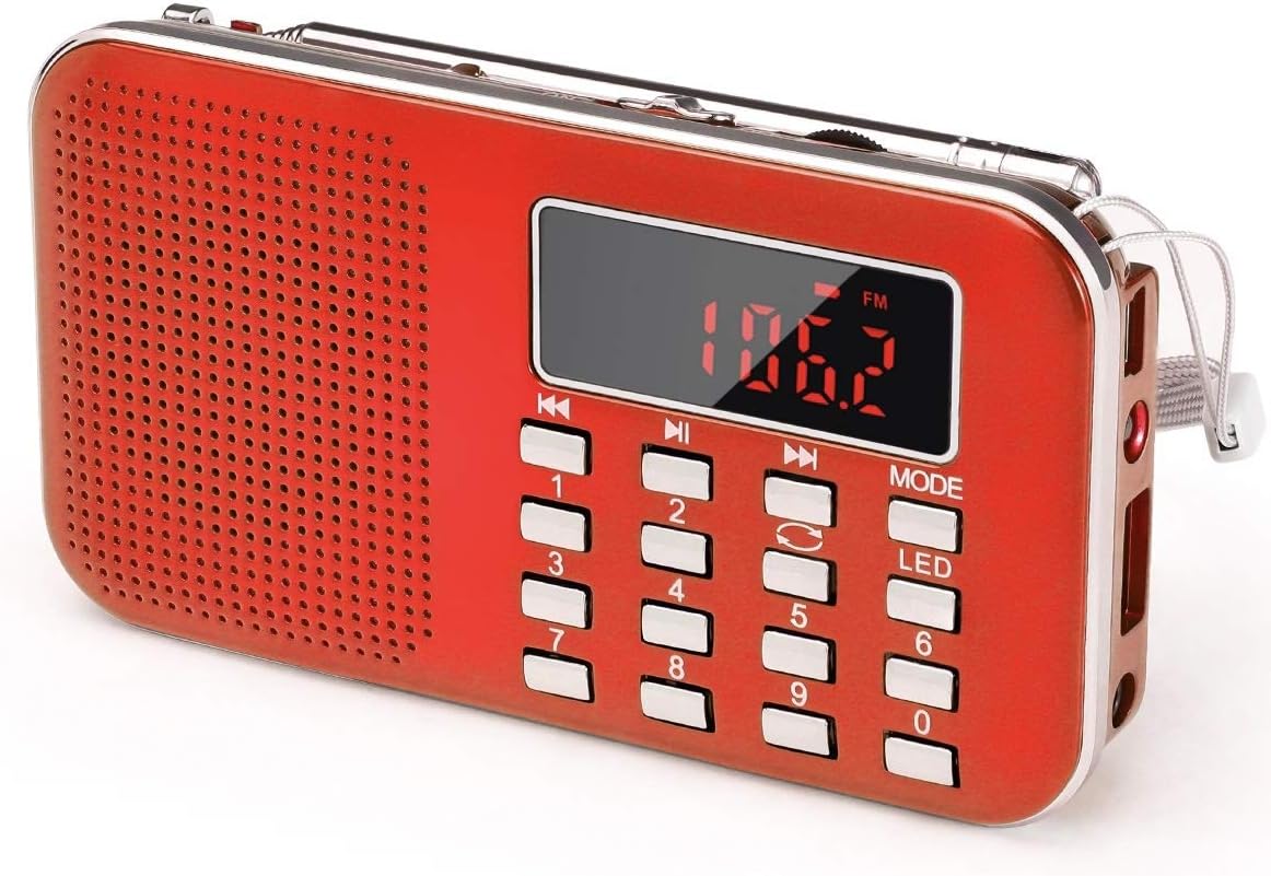 Przenośne radio FM, małe, ładowalne radio przenośne z akumulatorem 1200 mAh, radio tranzystorowe ze światłem awaryjnym, różowe