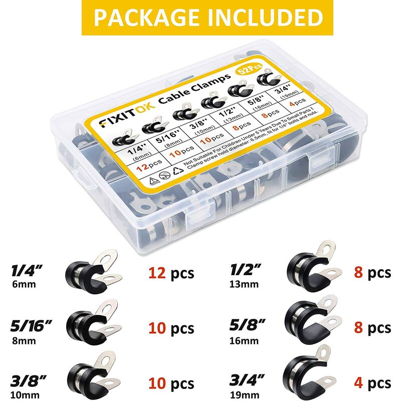 52 Pièces Colliers De Serrage Caoutchouc P-Clip Avec Pinces Acier Inoxydable - 6 Tailles 1/4 à 3/4 Pouces