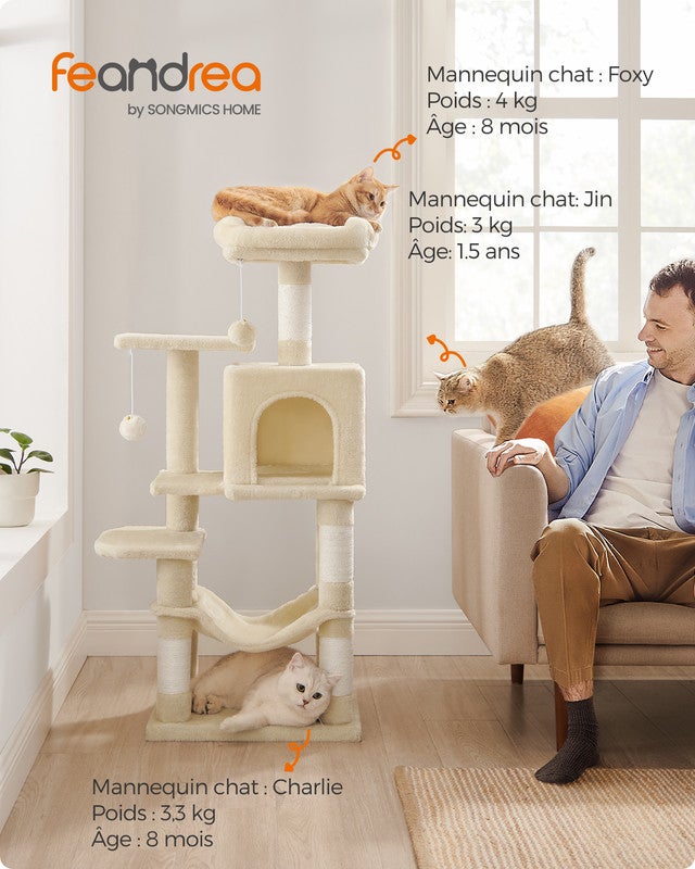 Arbre à Chat Hauteur 112 cm, avec 4 Poteaux à Griffer, 2 Plateformes, 1 Niche, 1 Hamac, 2 Pompons, Beige - 2