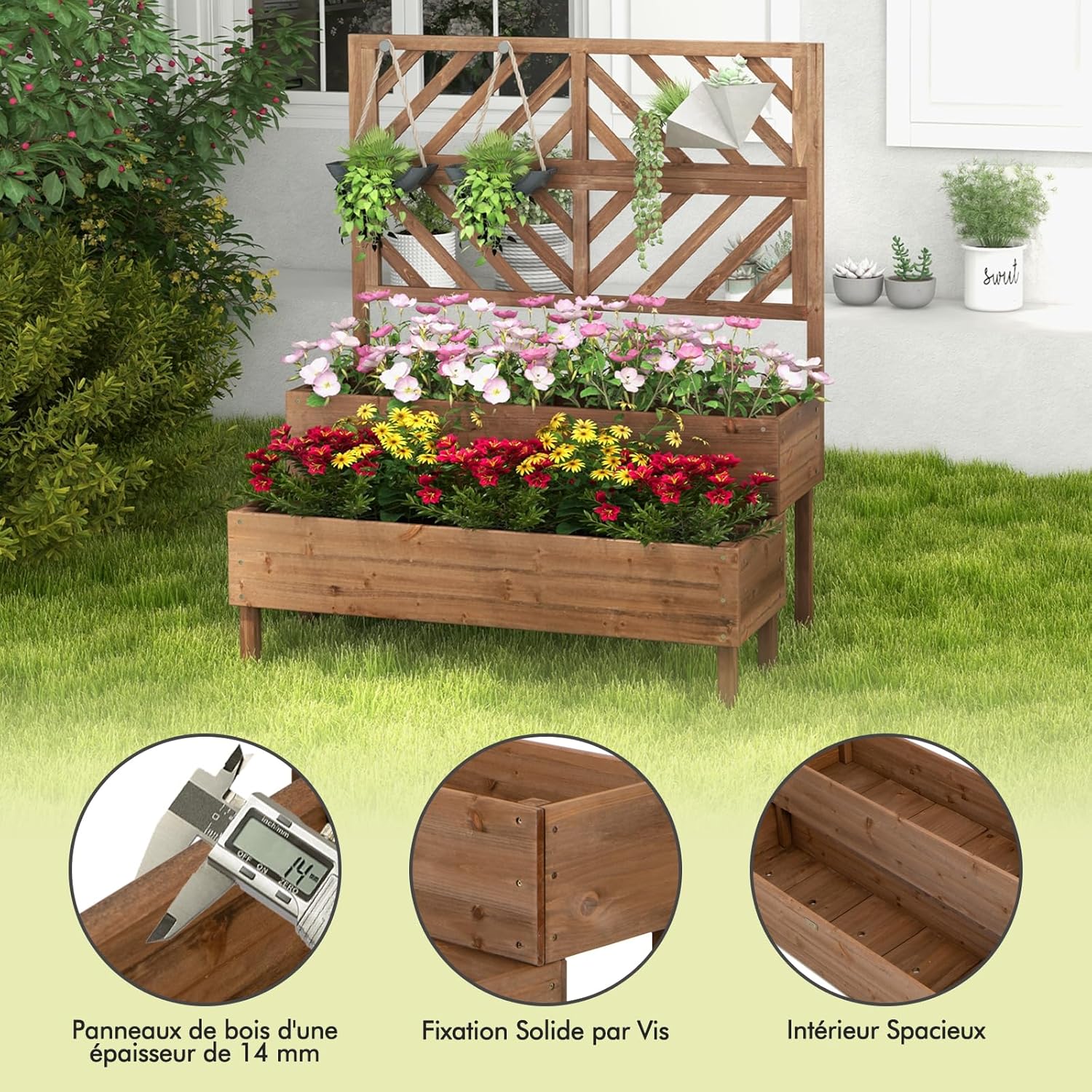Bac avec Treiliis en Bois Sapin 144L, Jardinière Surélevée 2 Niveaux avec Trou de Drainage, 109 x 62 x 135 cm, Marron - 3