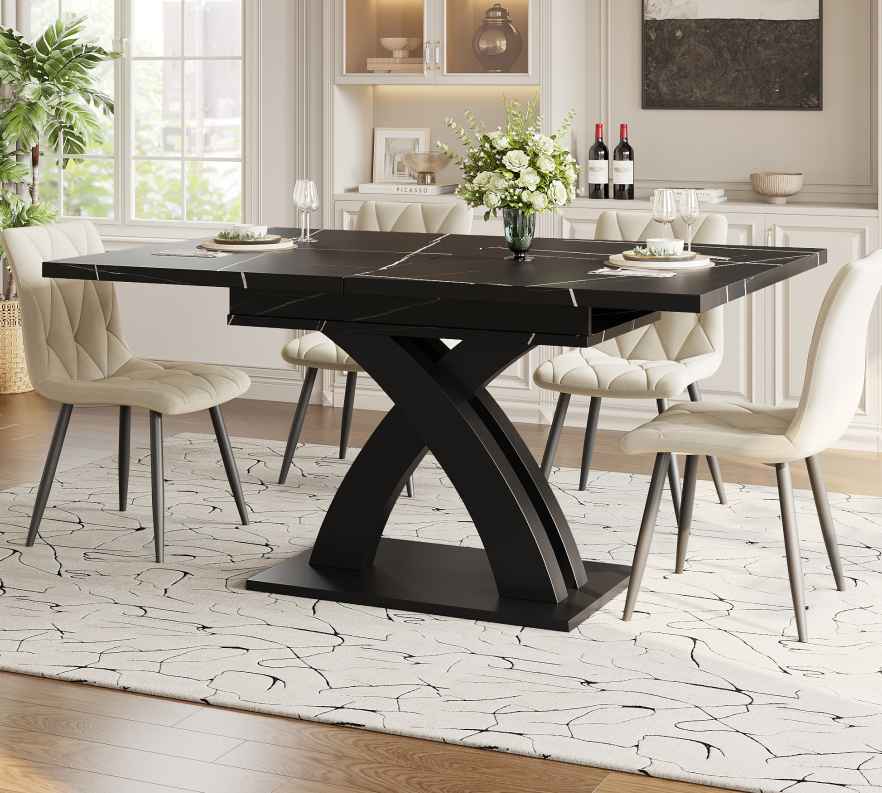 Rozkładany stół 120x80 cm do jadalni, kuchni lub tarasu, solidny blat z płyty MDF, elegancki czarny design, pomieści do 6 osób