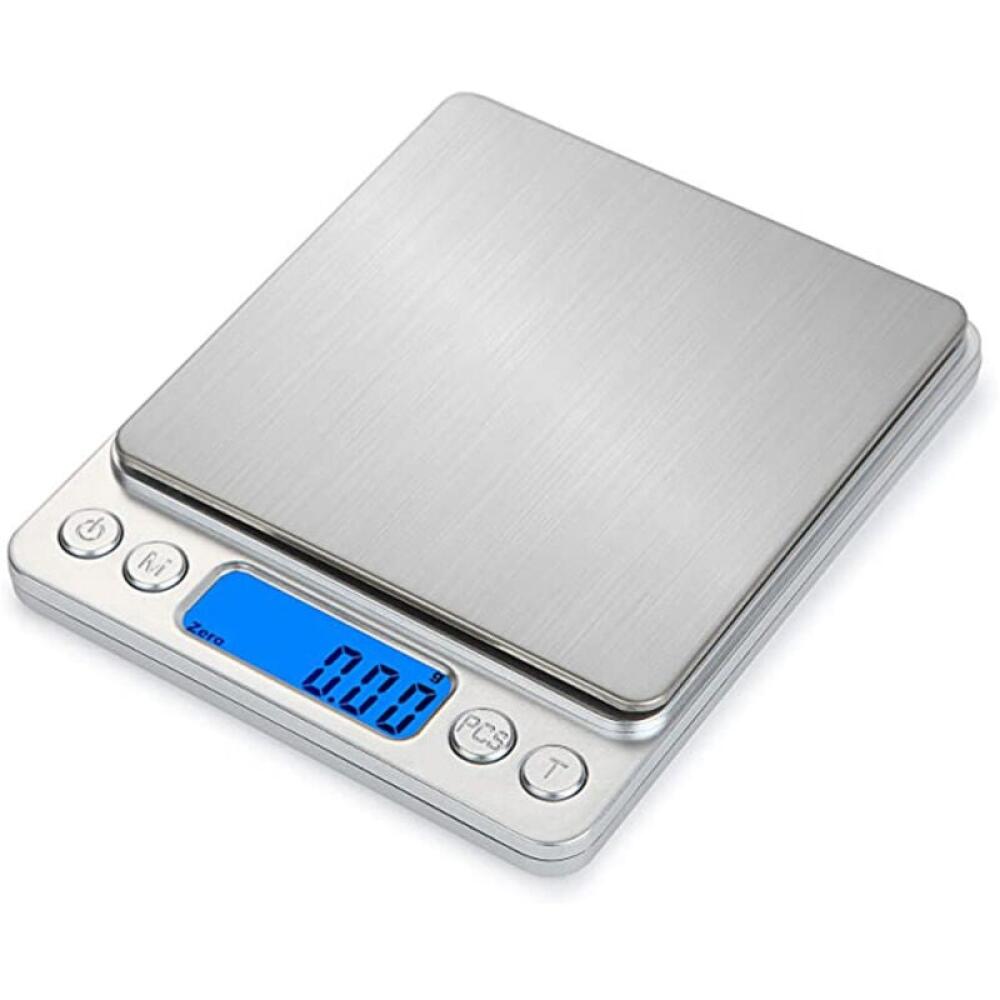 Wysoka precyzja wagi kuchennej 500g/0,01g – Podświetlany ekran LCD – Funkcja tarowania, PCS, 2 platformy ze stali nierdzewnej