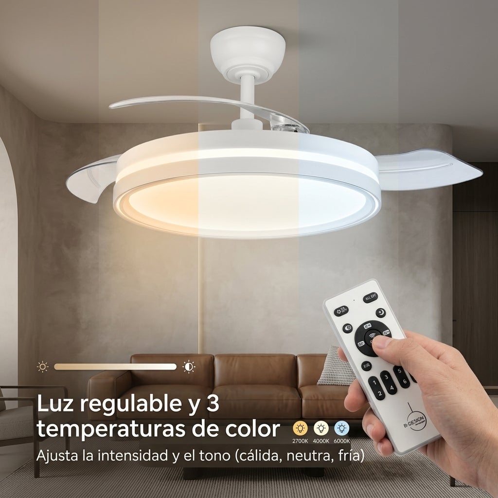 Ventilador de Techo Retractil Silencioso, Motor DC, Luz Regulable y Función Memoria 106cm - 8