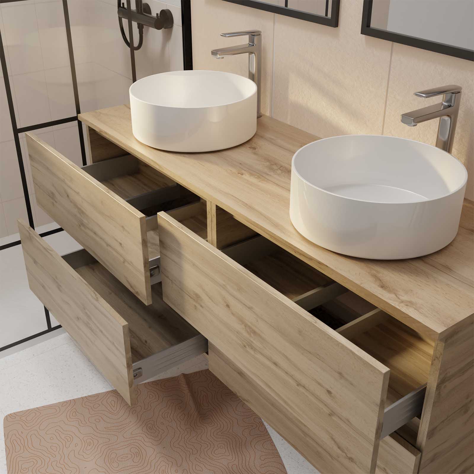 Meuble de salle de bains 140 TIMBER Décor Chêne - 4 Tiroirs - 2 Vasques Rondes Blanches 36cm - 2