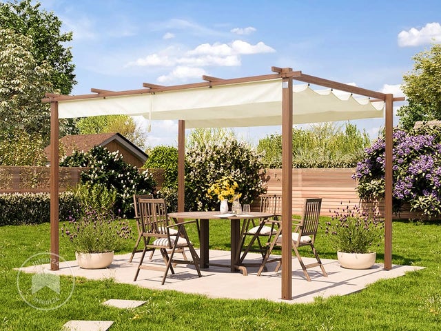 PRIMEYARD Pergola 3x4 m gazebo da giardino con tetto scorrevole struttura in acciaio look legno
