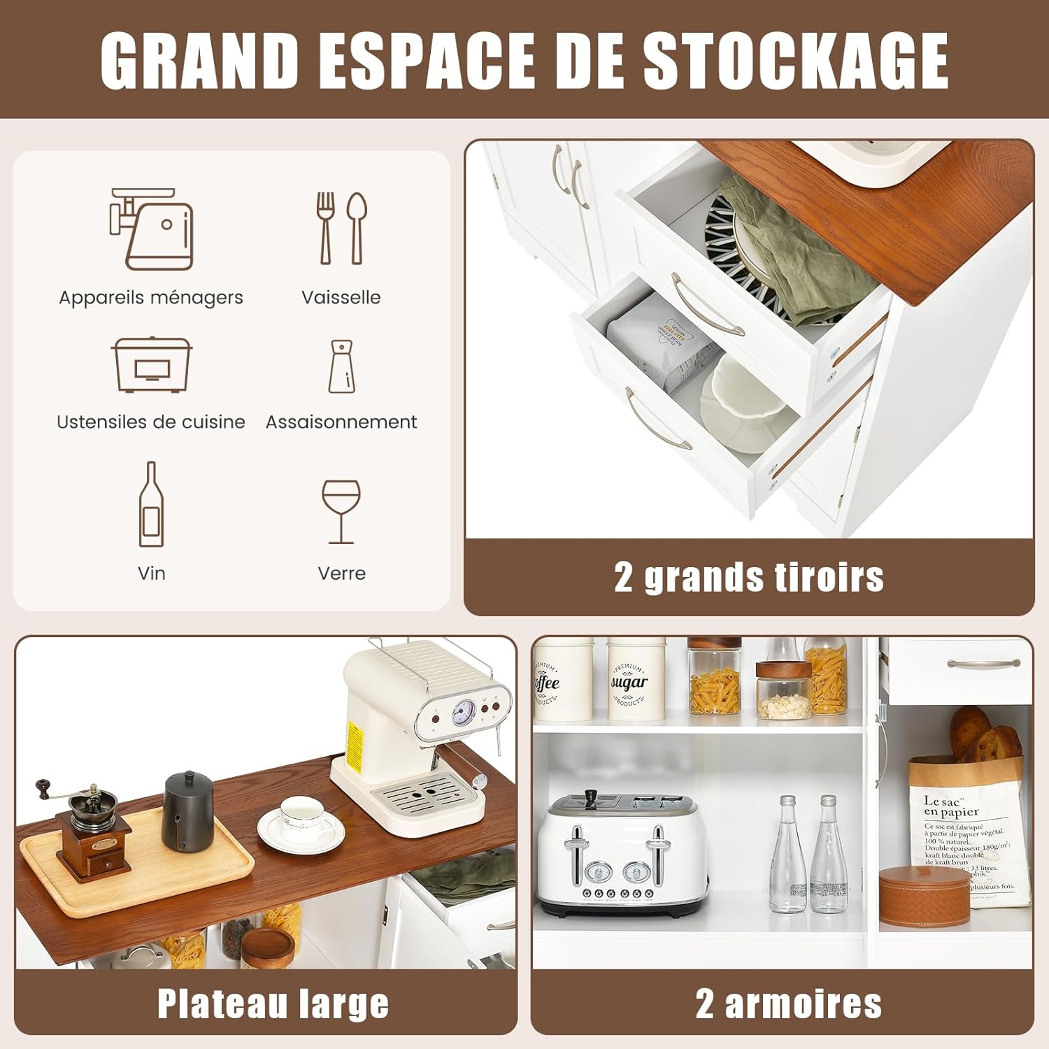 Buffet Cuisine, Meuble Bas Cuisine 2 Placards 2 Tiroirs, Salon, Blanc, 100 x 40 x 78 cm - 3