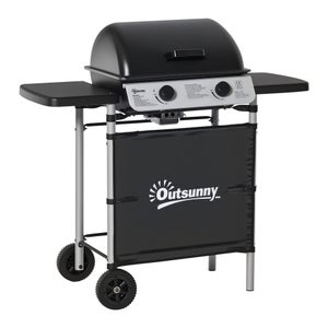 Barbecue gaz 2 brûleurs 2,8kW - couvercle, 2 tablettes, 2 roues - gris noir