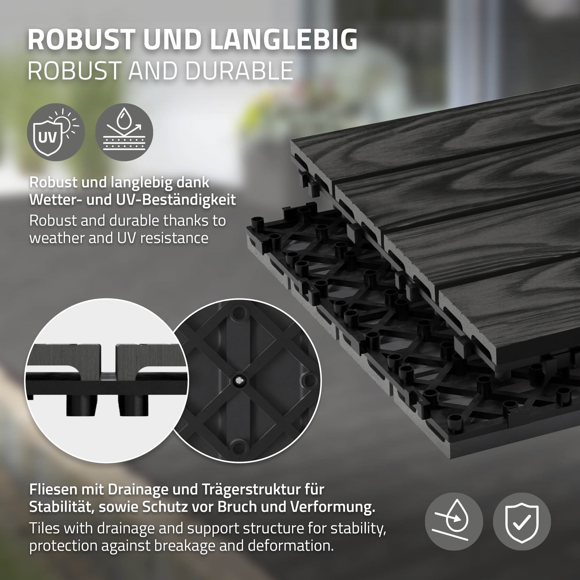ECD Germany plytki tarasowe wpc 30x30 cm 11 sztuk 1m² kwadratowy antracyt panele podłogowe klik odpływ wodny balkon taras ogród patio weranda - 3