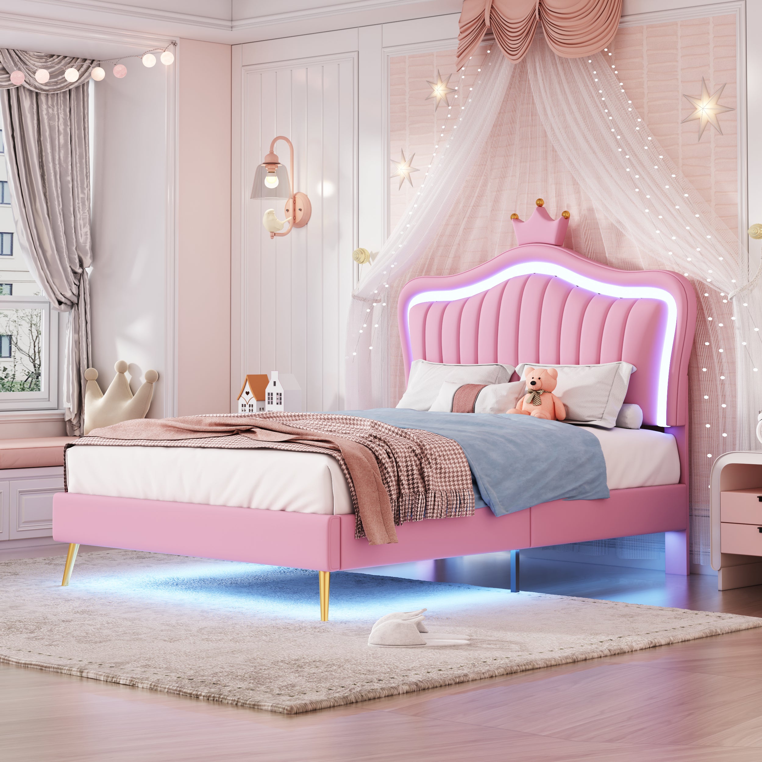 Lit Enfant 90x200 Cm Avec Tête De Lit Couronne LED - Velours Rose - Avec Tiroir Et Sommier à Lattes - Sans Matelas