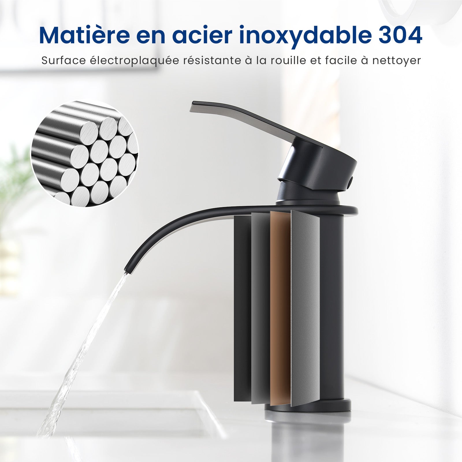 CECIPA MAX Robinet de lavabo en Acier inoxydable Mitigeur de lavabo Noir Mitigeur M Robinet salle de bain en cascade - 5