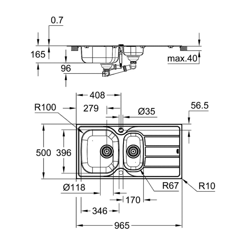 GROHE Evier 1 cuve et demie avec égouttoir réversible en acier inoxydable K200 - 2