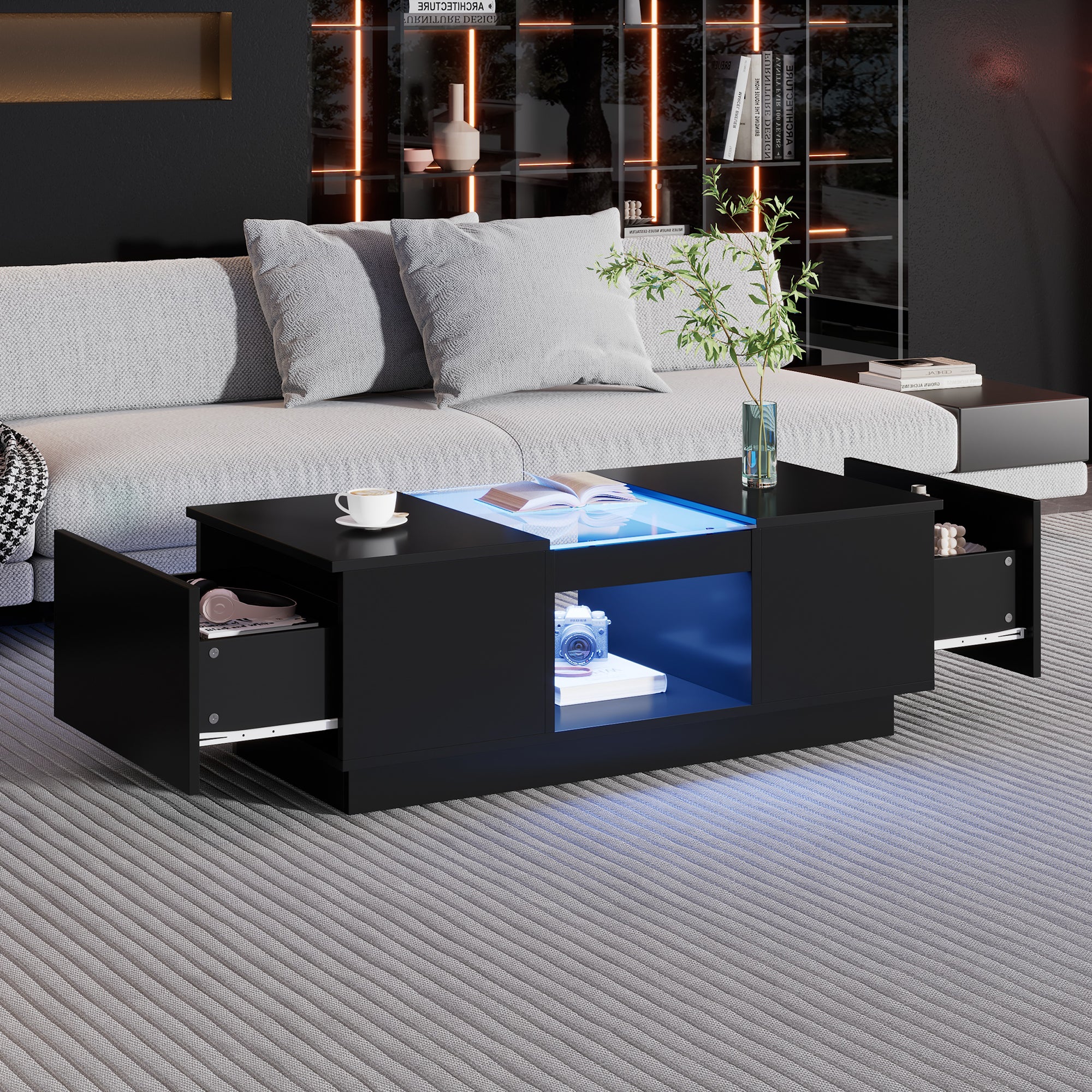 Stół kawowy czarny 100x50x35,5 cm - z LED, sterowaniem APP, 2 szuflady, szklana powierzchnia - 4
