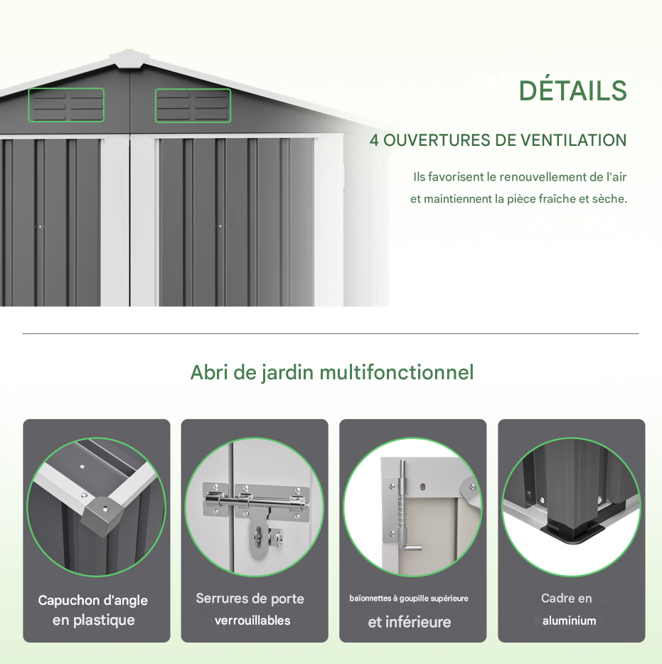 Abri de jardin en métal, dimensions142x185cm,avec trous de ventilation,comprenant une base en métal et une porte verrouillable. Gris - 9