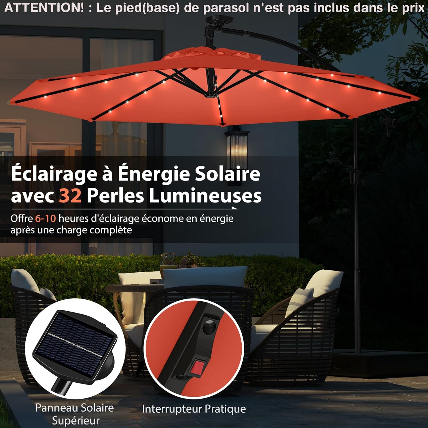 3M Parasol Déporté avec 32 LED Solaires, Parasol de Jardin 8 Baleines avec Tissu Protection Solaire, Parasol Inclinable Rotatif à 360°, Orange - 3