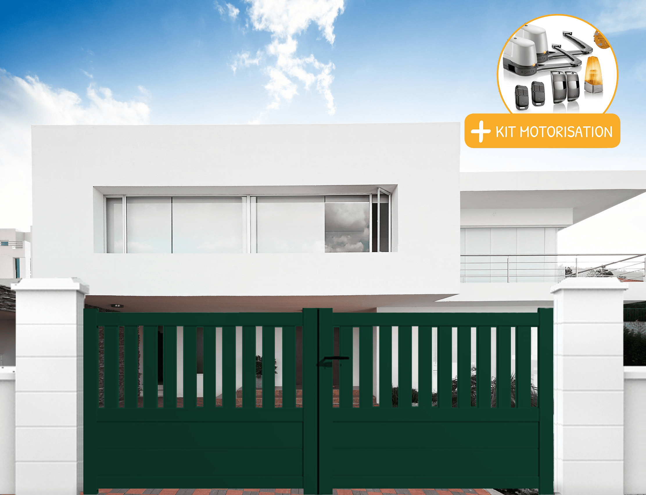 Portail aluminium battant semi-ajouré en kit + Motorisation dimensions L.3000 (entre piliers) X H.1300 mm SGS Essential Blanc (RAL 9010) - 5