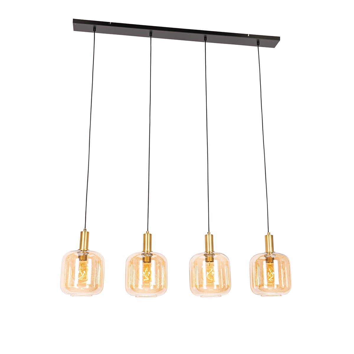 Designerska lampa wisząca czarna z mosiądzem i bursztynowym szkłem 4-światłowa - Zuzanna