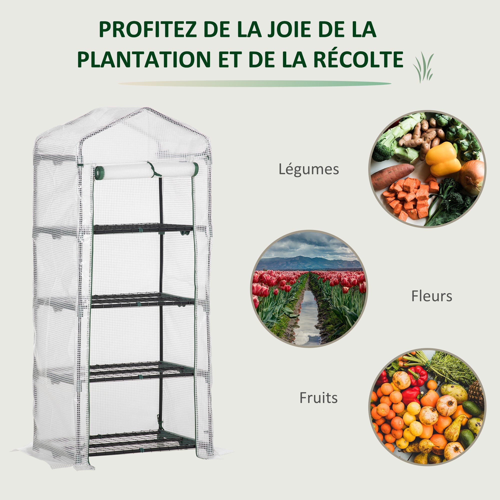 Outsunny Serre de jardin PE avec étagères 4 niveaux, serre de balcon, bâche renforcée 140 /m², châssis en acier, porte zippée enroulable 70x50x160cm - 9
