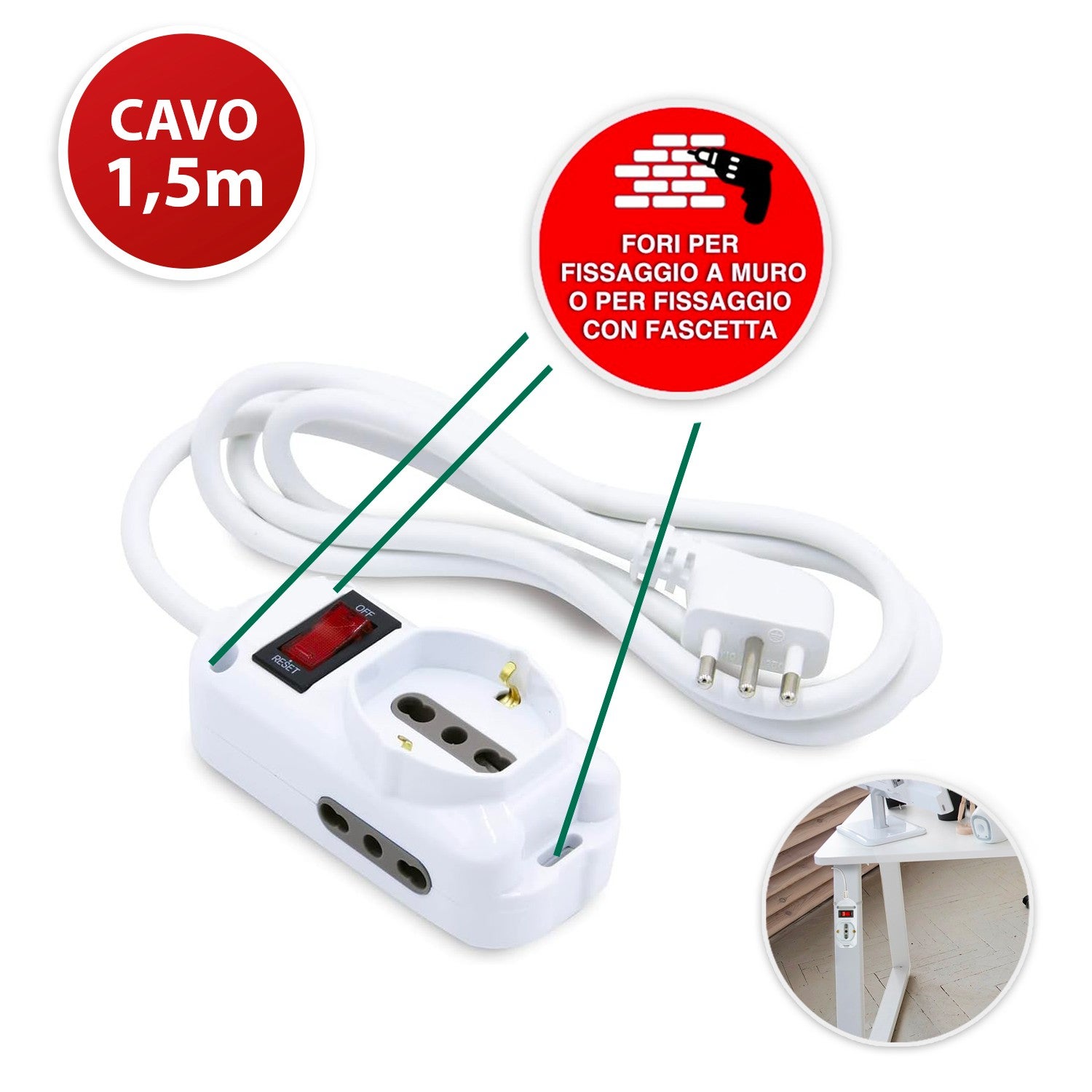 Multiprise italienne 3 entrées. Câble 1,5 m, petite prise 10 A - 3