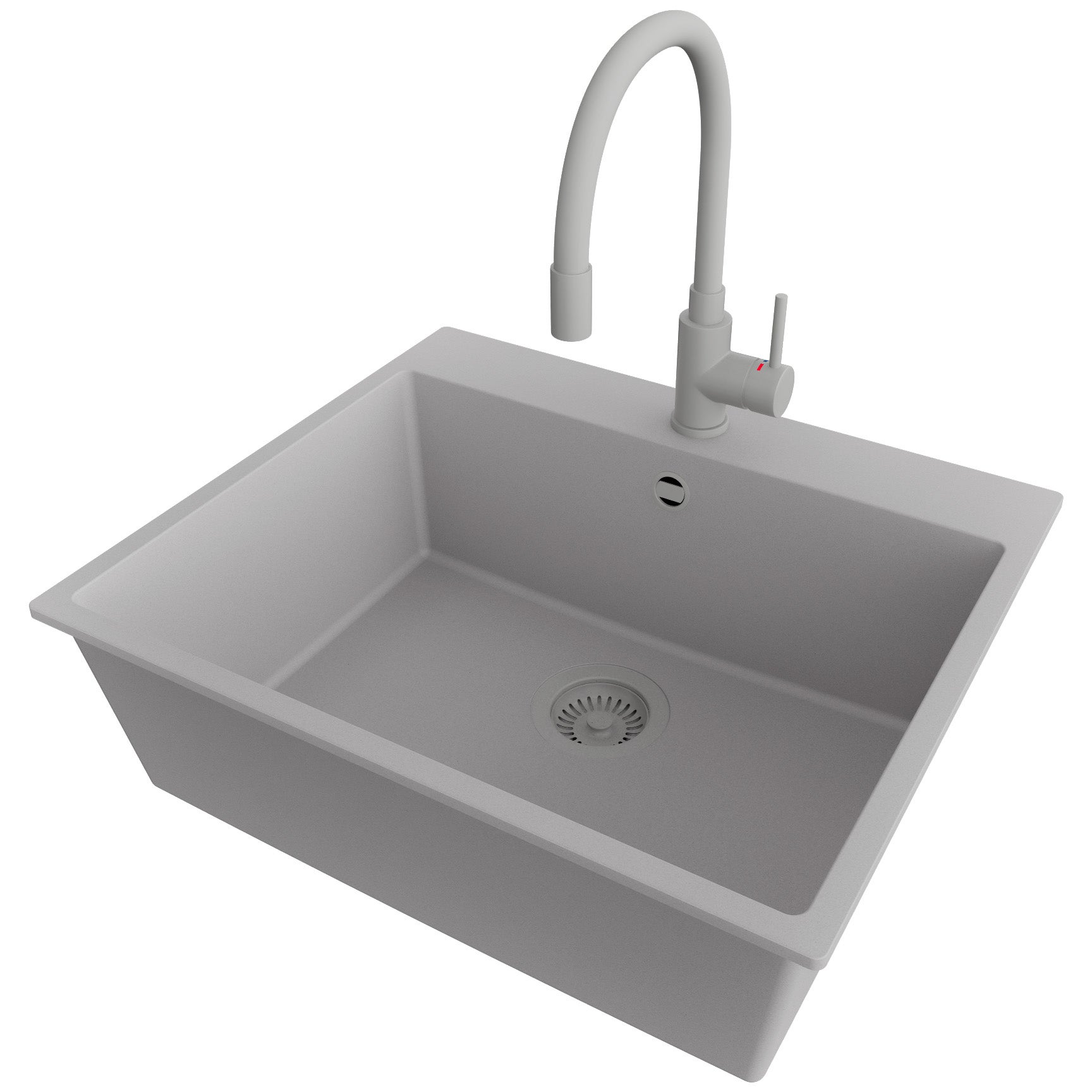 Zlewozmywak Granitowy Szary 58x50cm, Zlew Kuchenny 1 Komorowy + Bateria 38x14cm + Syfon, Nablatowy do szafki od 60cm - Ryga PRIMAGRAN