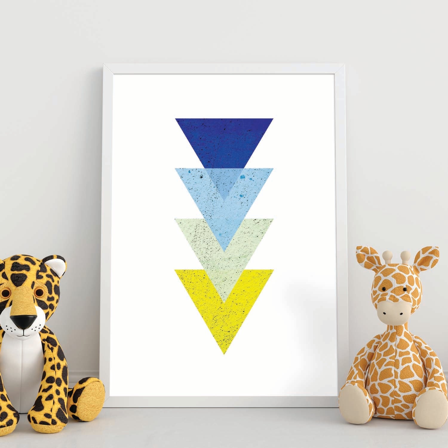 Poster con dibujo de geometria colorida. lamina azul electrico, ilustrada con con formas y figuras llenas de color. sin marco - a4
