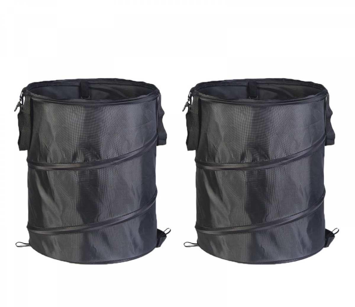 Două coșuri de deșeuri pliabile negre din pânză Oxford cu cleme și mânere, ideale pentru camping în aer liber, 34 x 40 cm