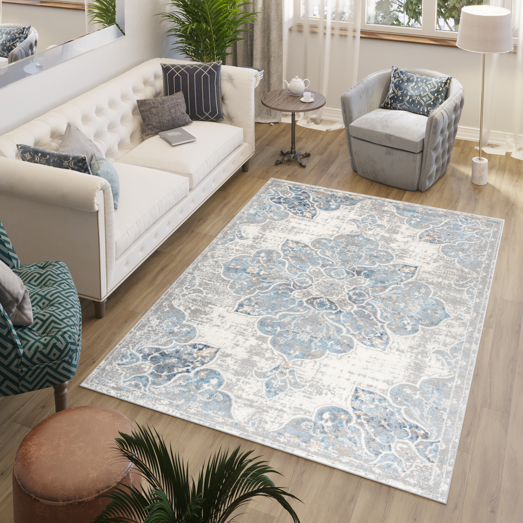 Tapiso valley alfombra para salón habitación vintage azul gris crema flores suave 160x220