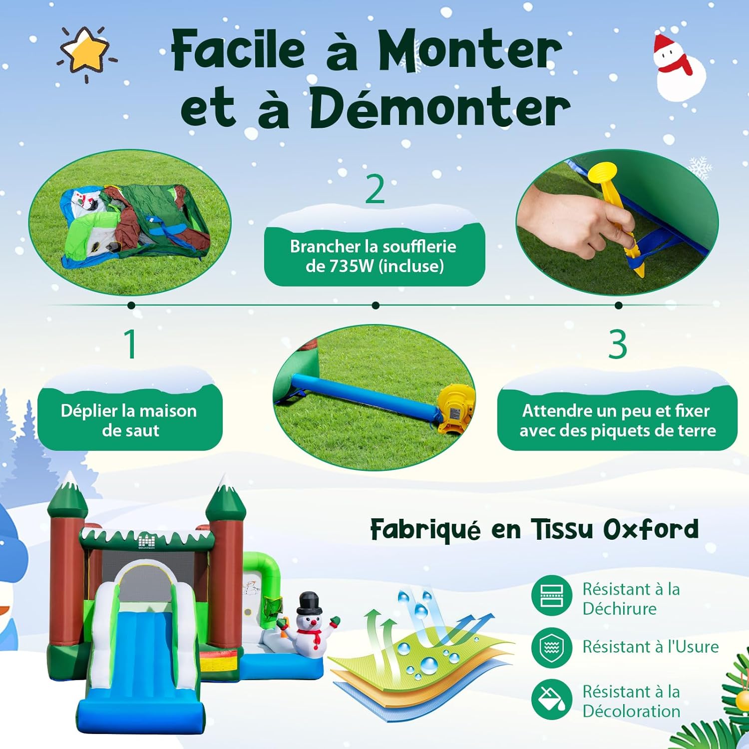 Castello Gonfiabile con Pupazzo di Neve, Gioco Gonfiabile per Bambini con Scivolo, Piscina di Palline, Basket, Gonfiabile con Pupazzo di Neve - 2