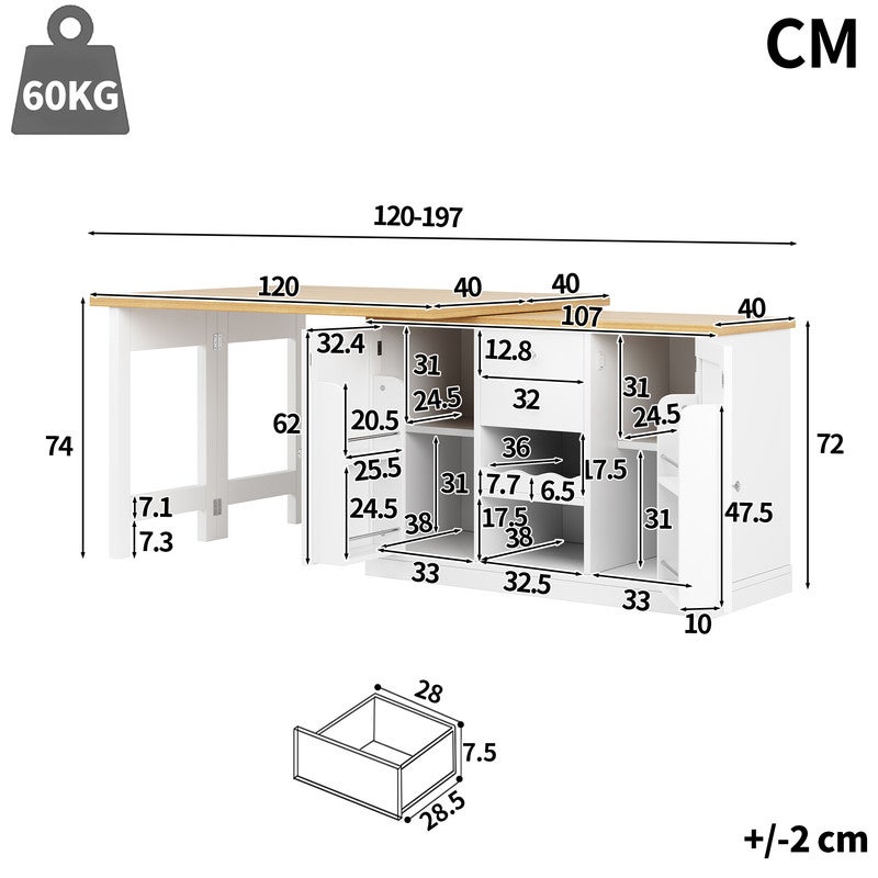 Table bar extensible,Îlot cuisine pivotant 360° avec casier à vin et rayon à grignotage,ilot central cuisine,Porte d'armoire magnétique,Blanc - 3