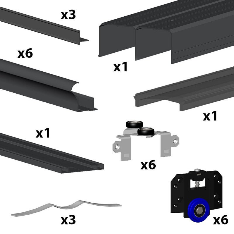 Kit SLID'UP 280 aluminium anodisé noir pour 3 portes de placard coulissantes 18 mm - rail 3 m - 50 kg - 2