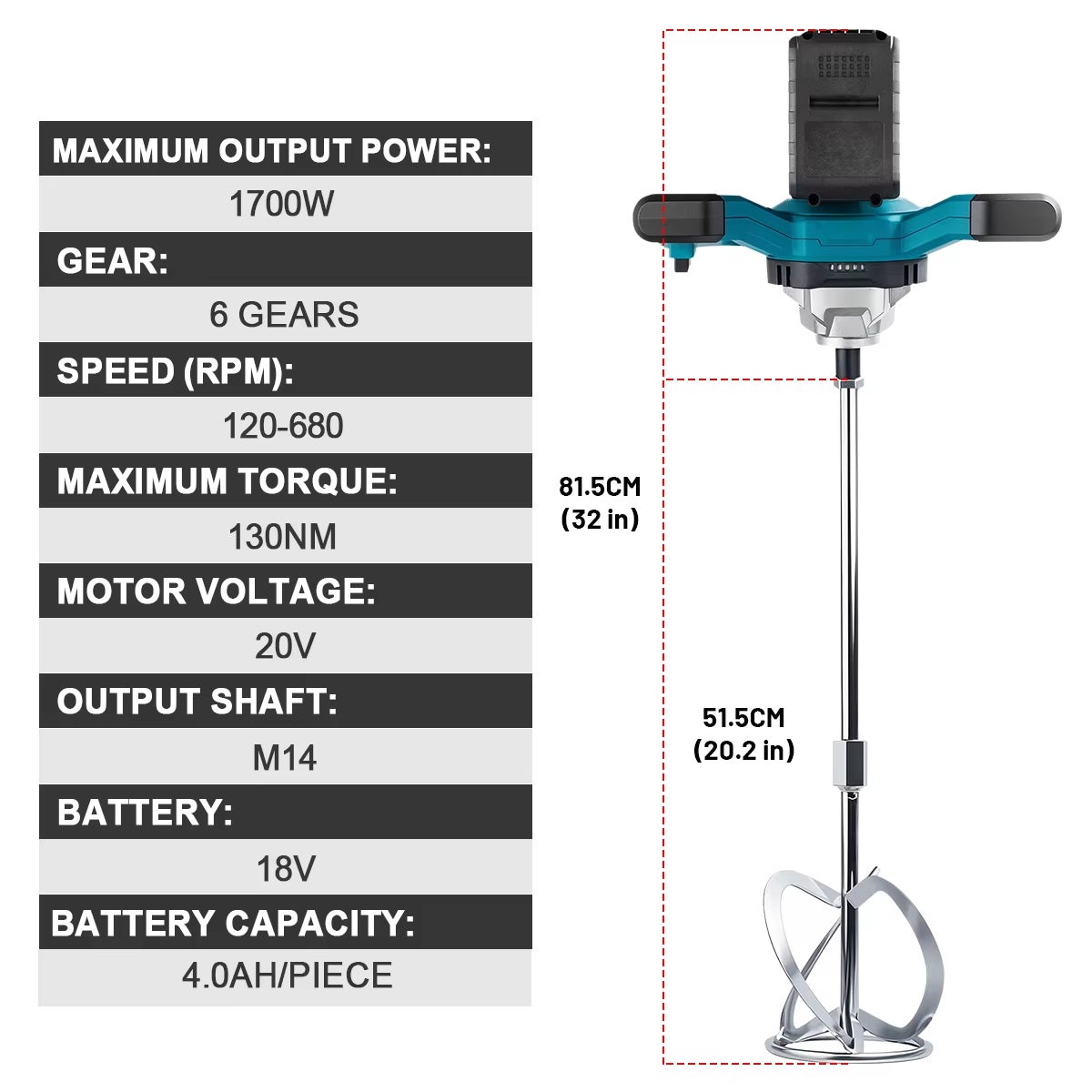 Mélangeur électrique sans fil pour béton, mortier et plâtre, à 6 vitesses, avec moteur sans balais, compatible avec les batteries Makita 18 V. - 5