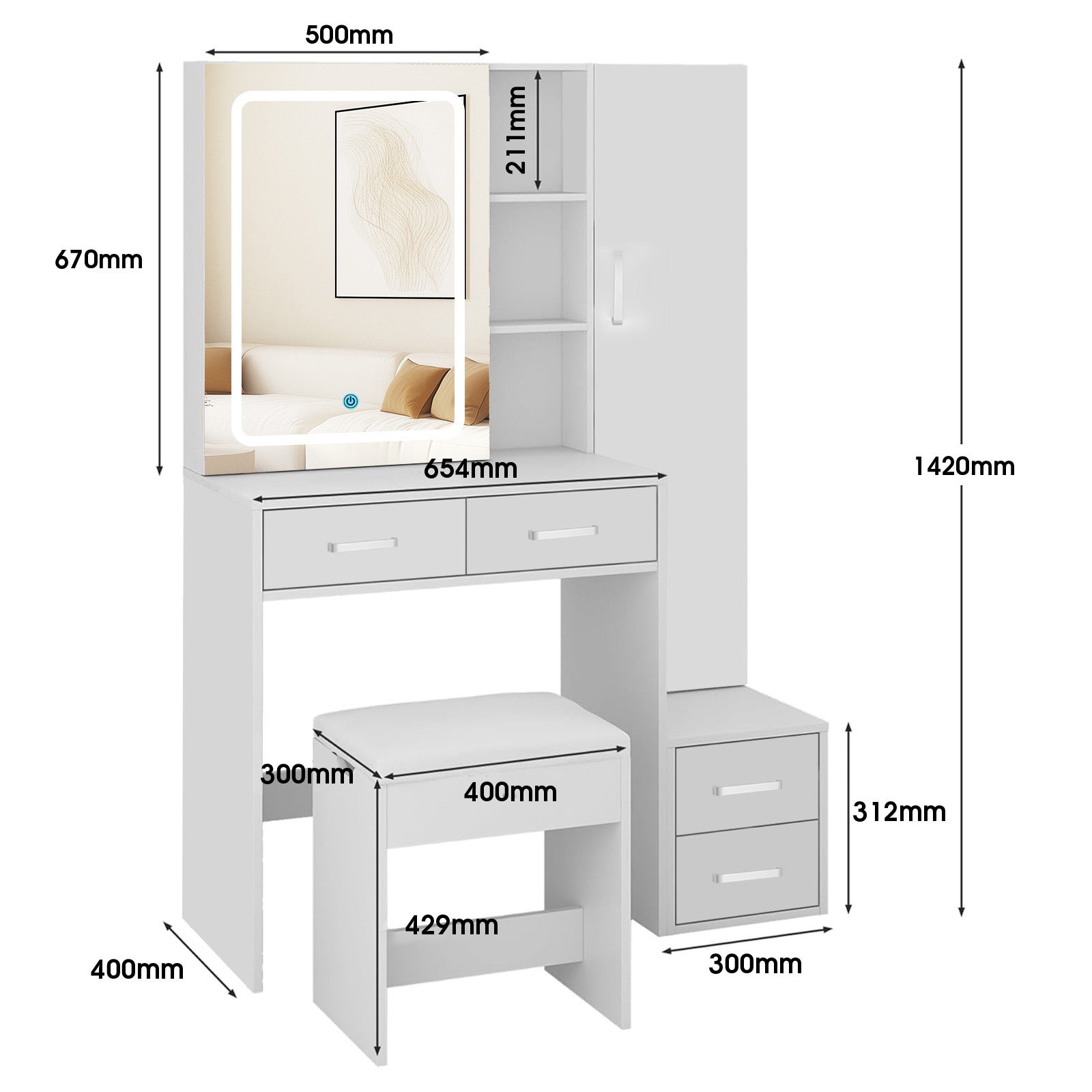 Coiffeuse avec miroir LED en MDF Blanc H. 140 x l. 100 x P. 40 cm - 6