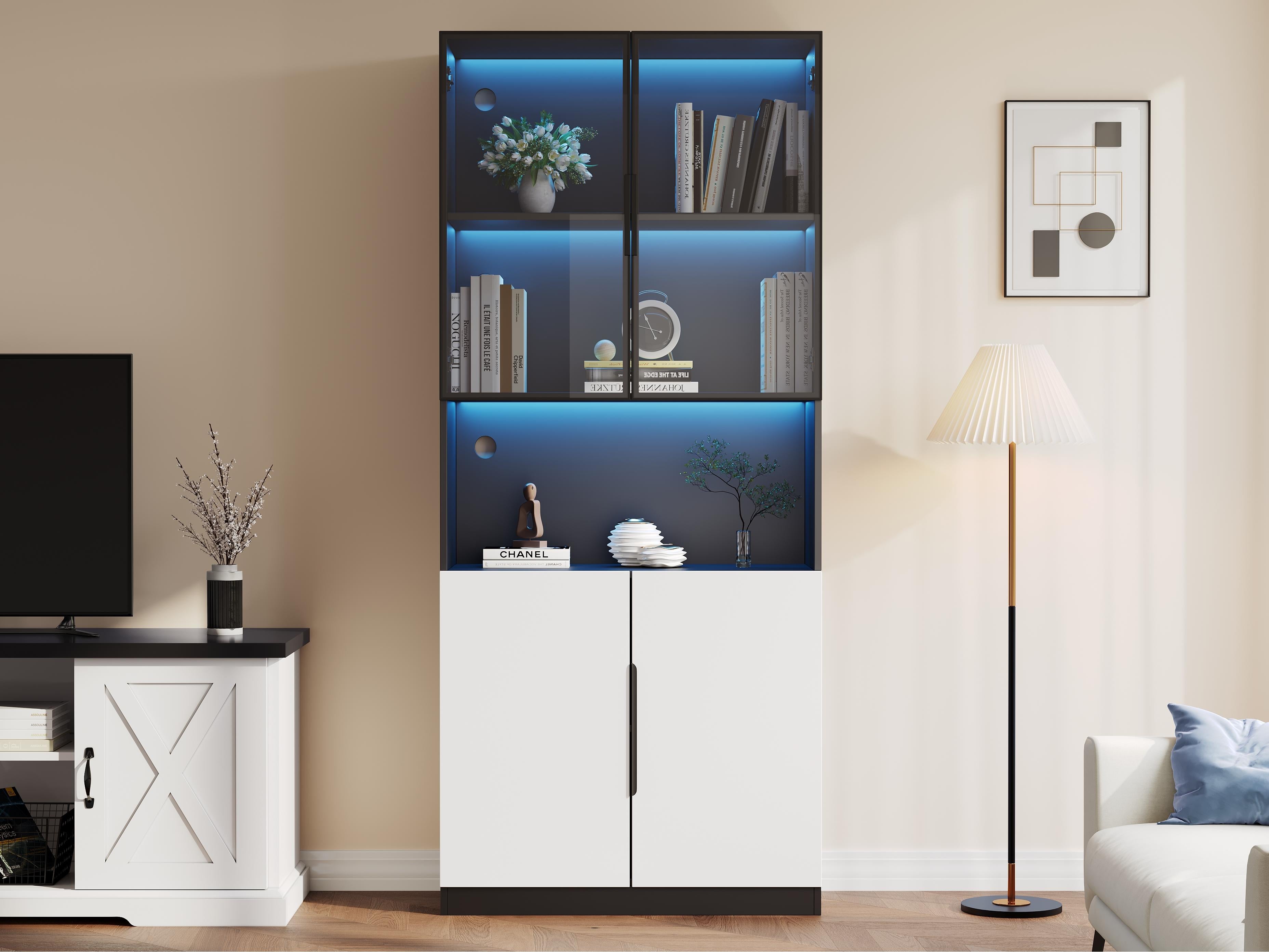 Witryna 80x30x200 cm z oświetleniem LED - 4 drzwi (w tym 2 drzwi szklane) - biała i czarna
