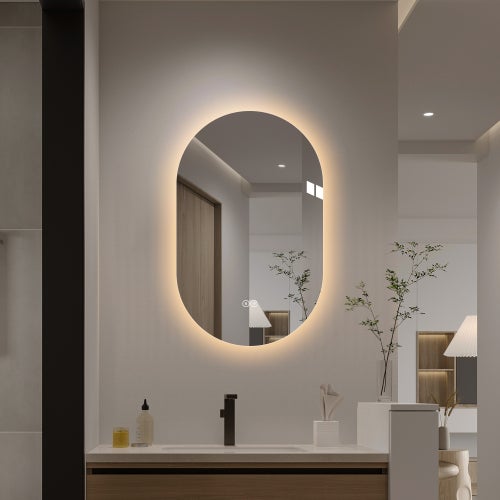 Espejo de baño ovalado de 50x80 cm, con iluminación led y función antivaho, fabricado en cristal y metal, color plata