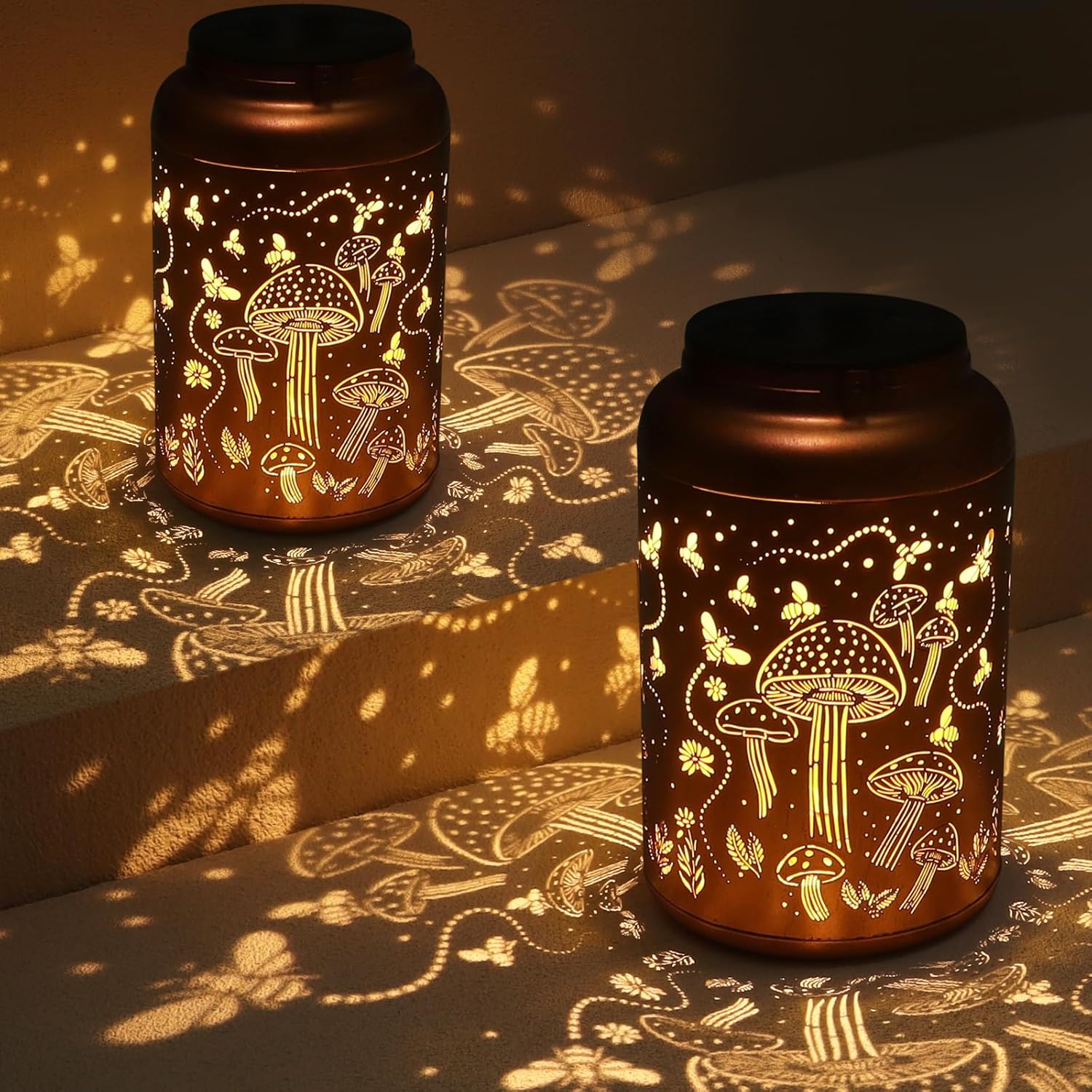 Zewnętrzne lampy solarne wiszące, 2 sztuki, lampki w kształcie grzybów, lampki nocne, reflektory, ciepłe światło, wodoodporność IP65