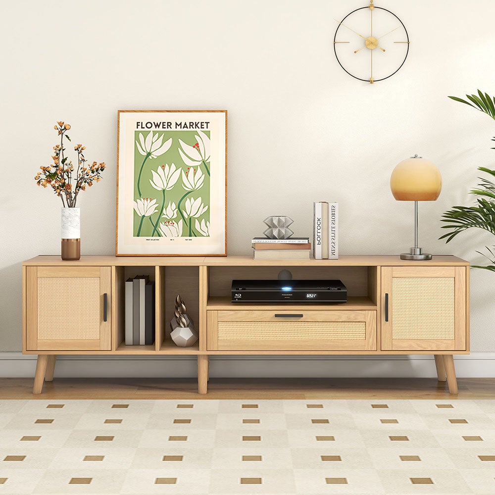 Meuble TV 180 Cm En Rotin Et MDF – 2 Portes, 1 Tiroir, Gestion Câbles | Style Rustique Naturel | Support TV Jusqu’à 80 Pouces, Poids Max 40 Kg