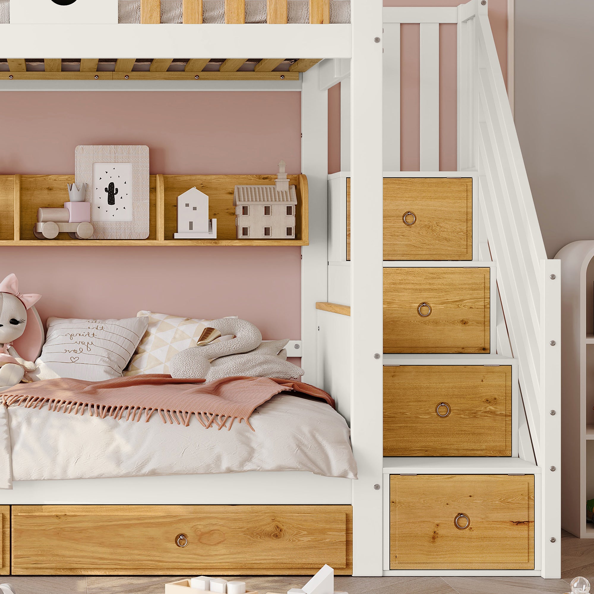 Letto a castello con scala contenitore - 90x200 cm - 4 armadietti sulla scala e 2 cassetti sotto il letto - con rete a doghe - Bianco - 6