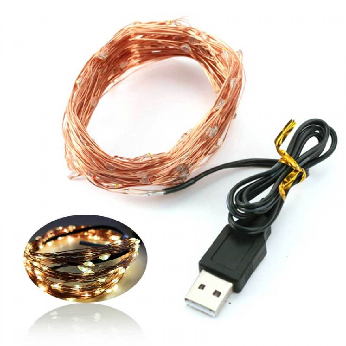 Miedziana lampka choinkowa USB, 5 m z czterema opcjami kolorystycznymi