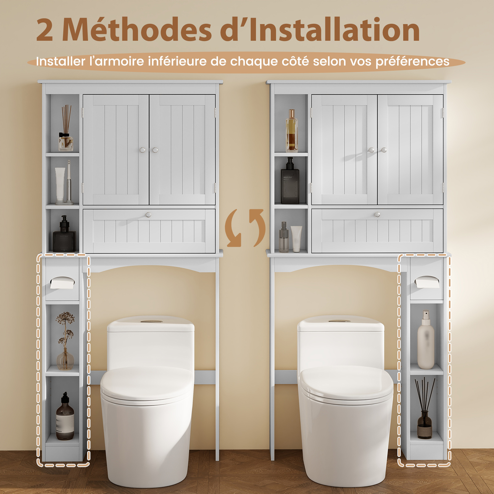 Mobiletto Spora WC 80 x 21 x 165 cm, Scaffale Lavatrice con 2 Ante, Ripiano Regolabile, Barra Inferiore e Porta Carta Igienica, Mobile Portabiancheria - 5