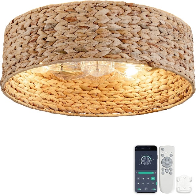 Ventilador de teto com luz, rattan entrançado, pás ABS, E26, App e controlo remoto, 6 velocidades, 48,3 cm, cobre