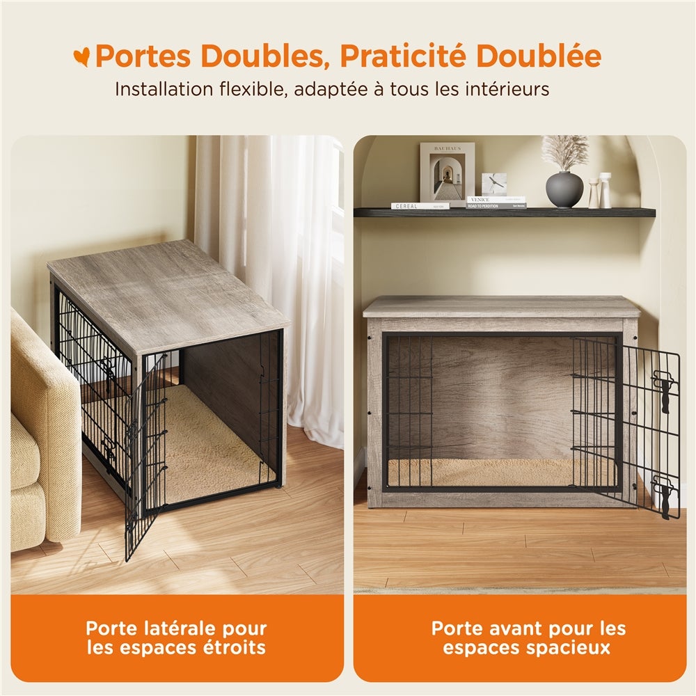 Cage pour Chien en Bois avec 2 Portes Grillagées à Double Serrure et Tapis Pelucheux, Gris Yaheetech - 7