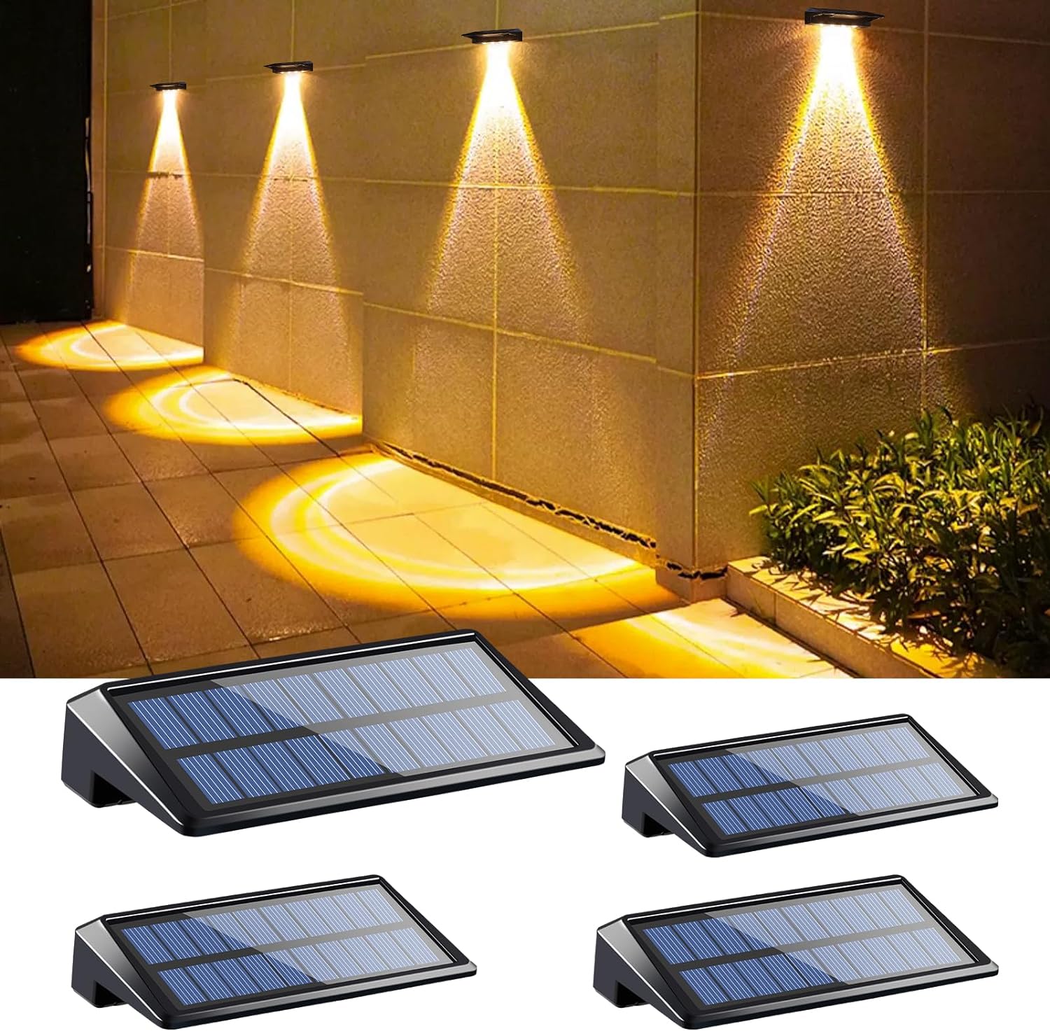 Zestaw 4 lamp solarnych LED na taras do użytku zewnętrznego, wodoodporne IP65, zewnętrzne kinkiety solarne, ciepłe światło
