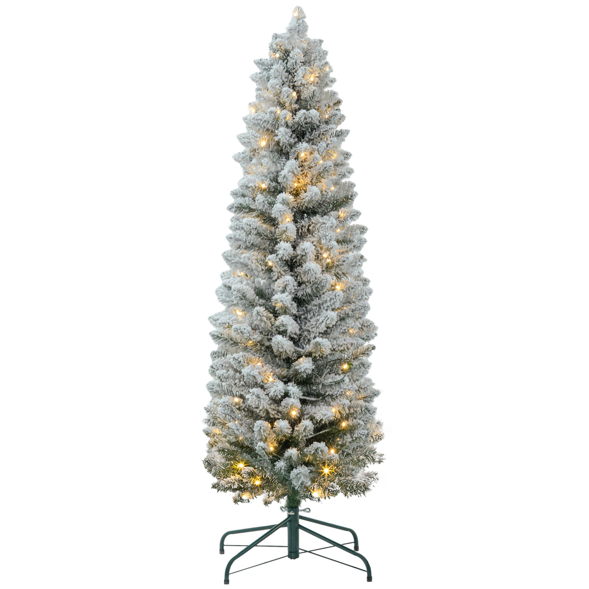 Albero Di Natale Artificiale Slim Innevato HOMCOM 150 Cm - Con Luci LED Bianche Incorporate, 263 Rami, Base Metallica