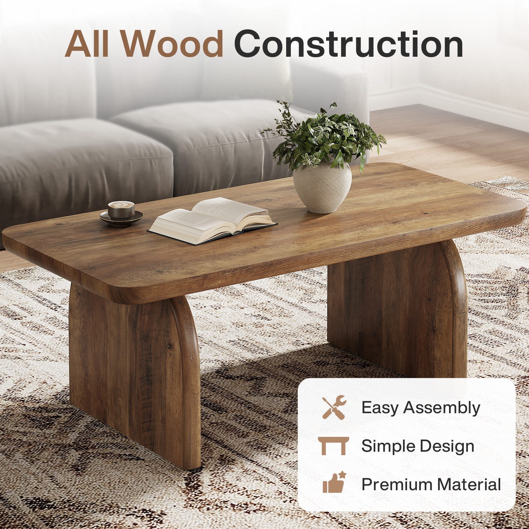 Tribesigns 120 cm Table basse rectangulaire , style fermier en bois avec base stable et coins arrondis, brun rustique, facile à monter - 6