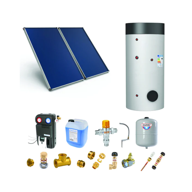 Chauffe-eau solaire 2 capteurs solaires fixation toiture plate + ballon ECS 300L double échangeur
