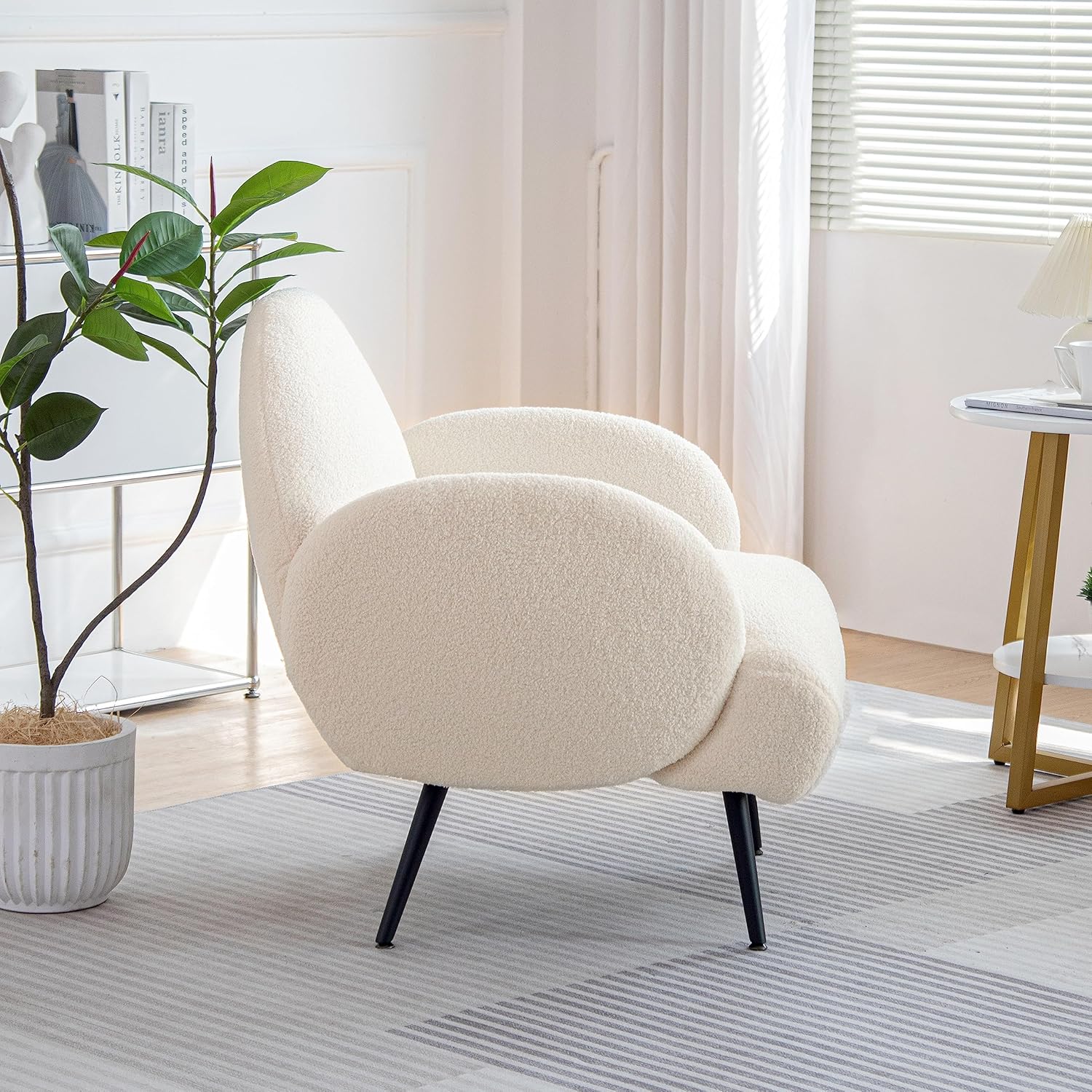 Fauteuil Moderne Décontracté avec Pieds en Métal Noir et Dossier Fauteuil Simple Confortable pour Salon/Chambre/Club, Blanc - 8