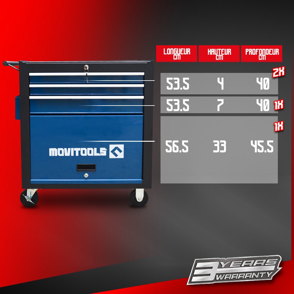 Servante d'atelier 3 tiroirs + espace de rangement + accessoires - Movitools - 4