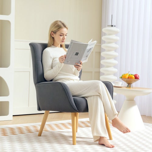 Poltrona Imbottita Con Braccioli E Gambe In Legno - Sedia Relax Per Soggiorno E Camera - Foto 4