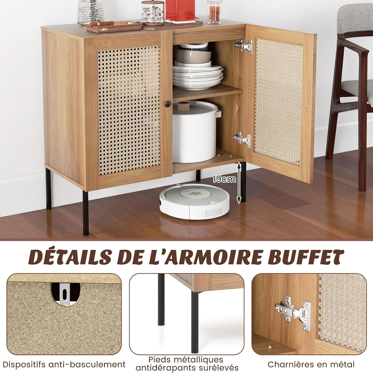 Armoire Cuisine 2 Étagères, Buffet 2 Portes Cannage, Étagère Réglable, Pieds Métal, Meuble Cuisine Rangement Bohème pour Salle à Manger, Naturel - 3